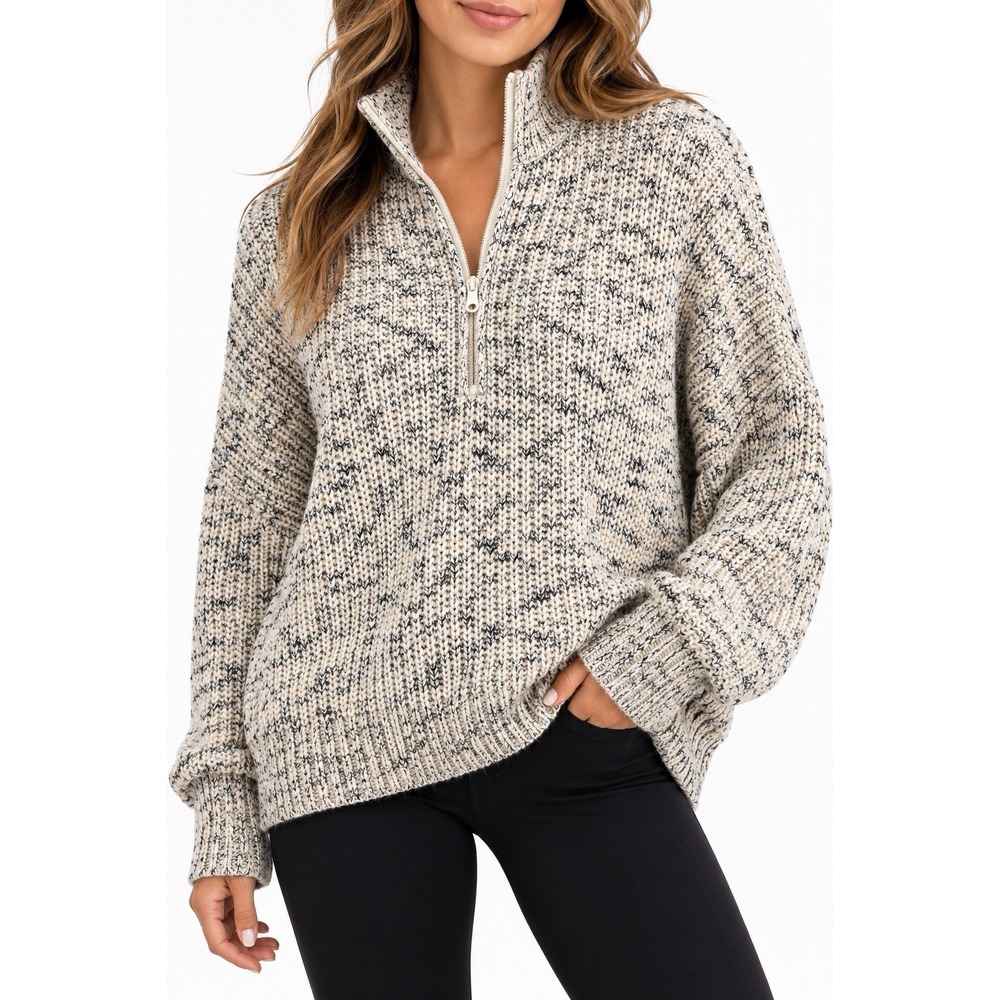 OFFLINE by Aerie Women’s S Quarter Zip Marled Knit Sweater Cream Black Oversized